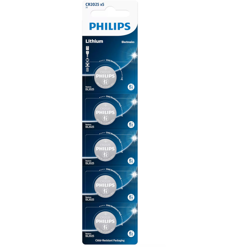 PHILIPS CR2025 3V 160mAh ΜΠΑΤΑΡΙΑ ΛΙΘΙΟΥ Καρτέλα 5 τεμ